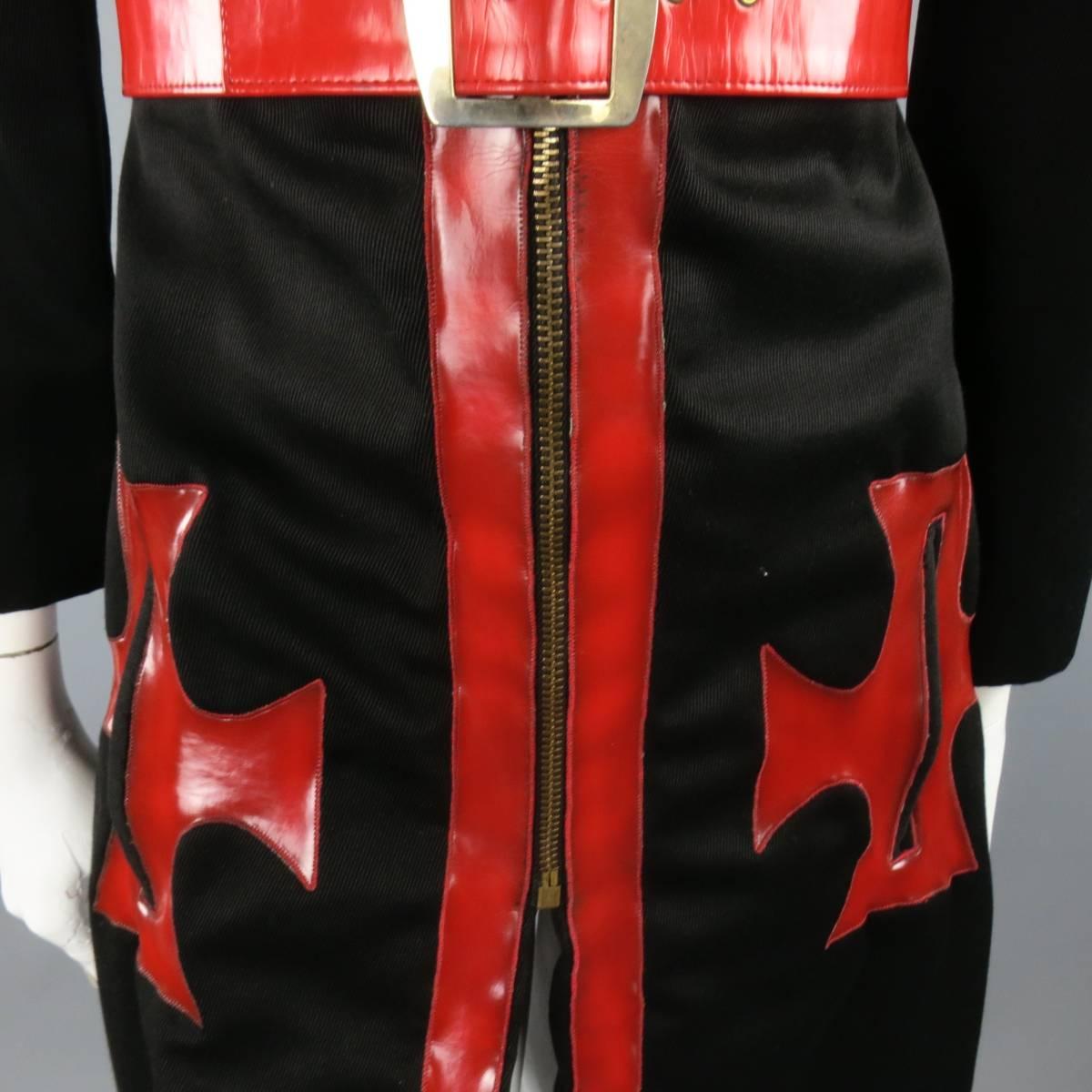 Vintage 1970s OSCAR DE LA RENTA Size S Black Red Patent Leather Trim Coat 1