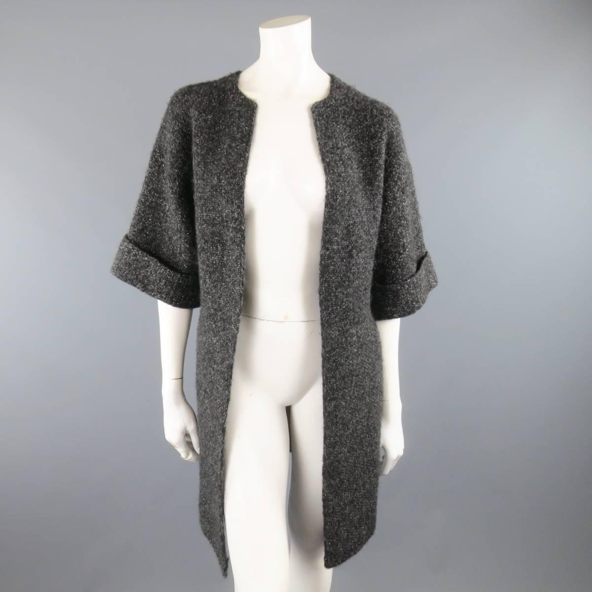 Black RALPH LAUREN Size S Charcoal Metallic Wool Blend Boucle Open Cardigan Coat