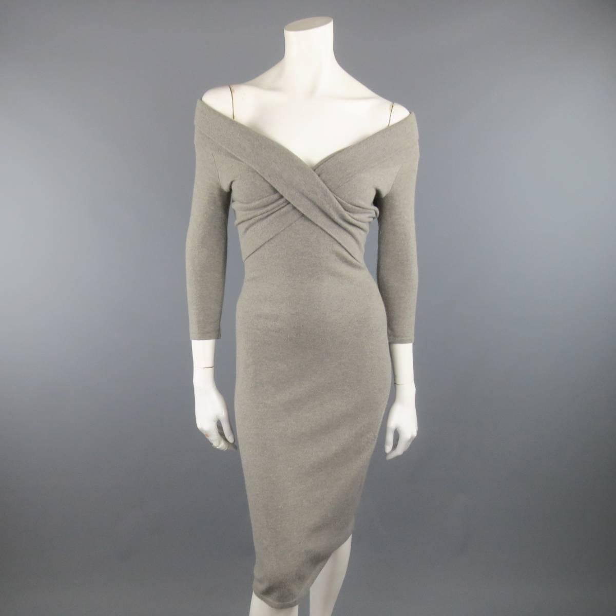 Gray RALPH LAUREN Size S Grey Cashmere Blend Wrap FROnt 3/4 Sleeve Sheath Dress