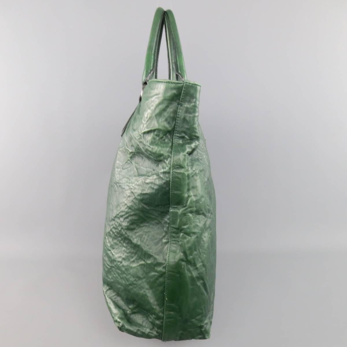 Gray PRADA Green Textured Leather Tote Handbag