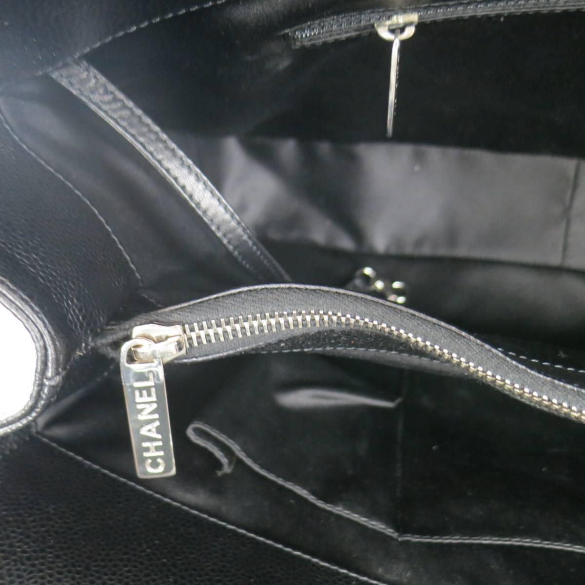 CHANEL Black Quilted Caviar Leather Silver Chain GRAND SHOPPER Tote Handbag 1
