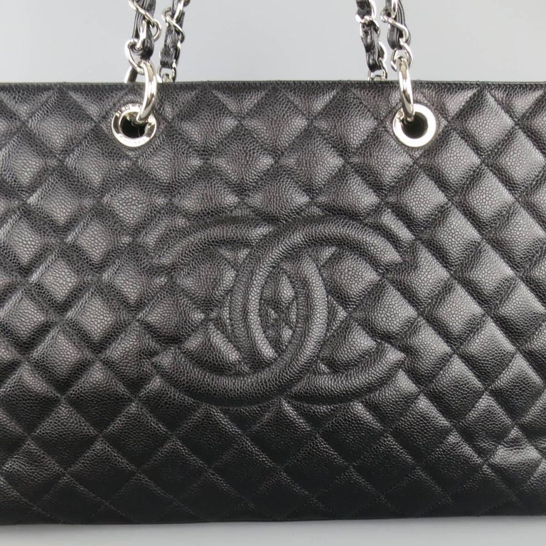 CHANEL Black Quilted Caviar Leather Silver Chain GRAND SHOPPER Tote Handbag  at 1stDibs | chanel black tote bag with silver chain, chanel black quilted bag  silver chain, black chanel bag with silver