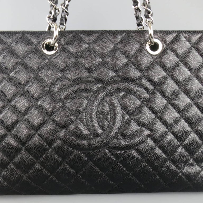 CHANEL Black Quilted Caviar Leather Silver Chain GRAND SHOPPER Tote
