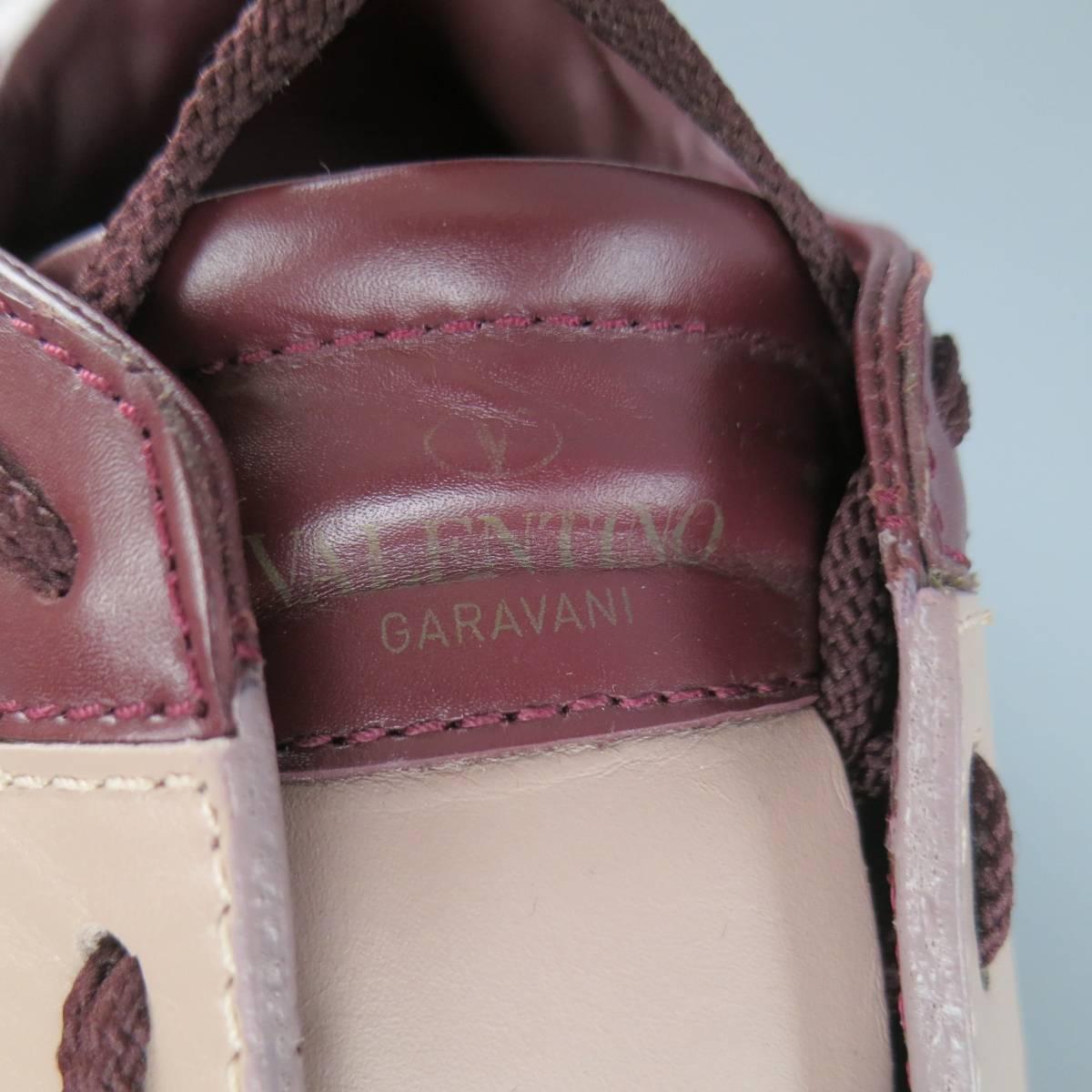 Men's VALENTINO Size 7.5 Burgundy & Mauve Two Toned Leather Rockstud Sneakers In Excellent Condition In San Francisco, CA