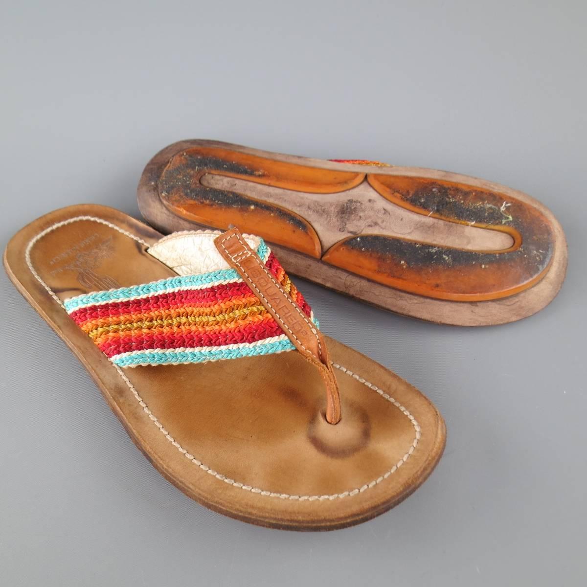 Men's DSQUARED2 Size 8 Tan Multi-Color Woven Strap Leather Thong Sandals In Fair Condition In San Francisco, CA