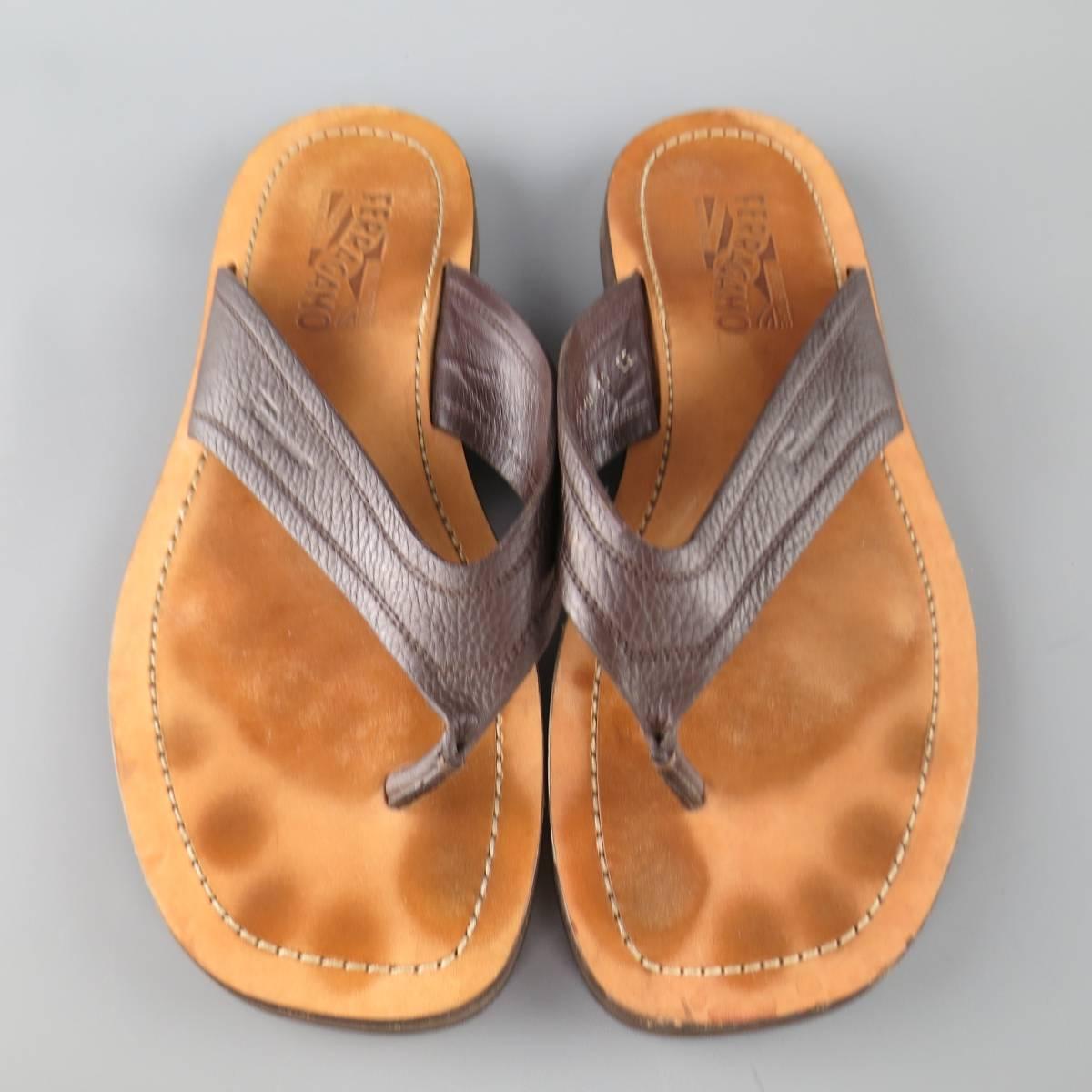 Men's SALVATORE FERRAGAMO Size 11 Brown Textured Leather Thong Sandals In Fair Condition In San Francisco, CA
