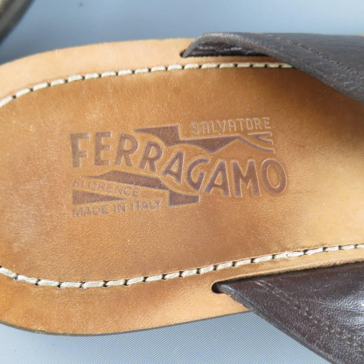 Men's SALVATORE FERRAGAMO Size 11 Brown Textured Leather Thong Sandals 1