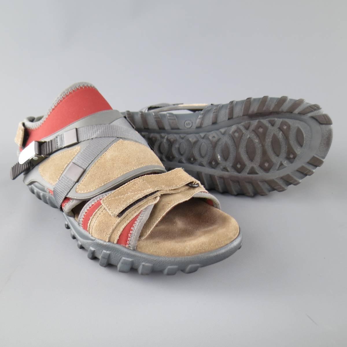 Men's LANVIN Size 10 Beige & Red Neoprene & Suede Hybrid Strap Sandals In Fair Condition In San Francisco, CA