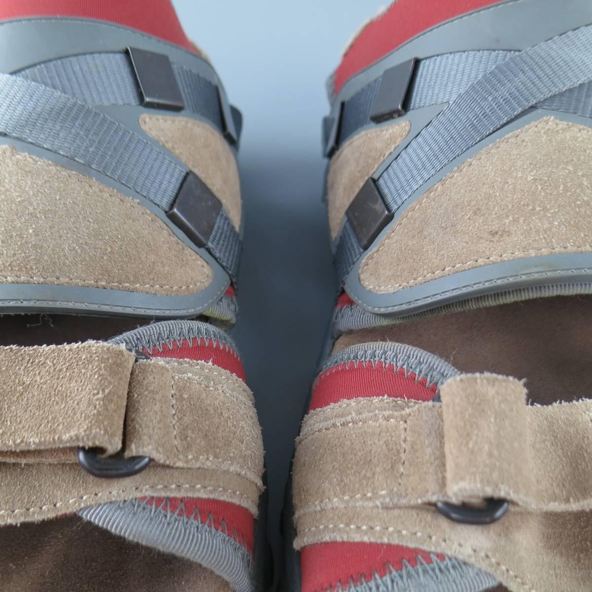 Gray Men's LANVIN Size 10 Beige & Red Neoprene & Suede Hybrid Strap Sandals