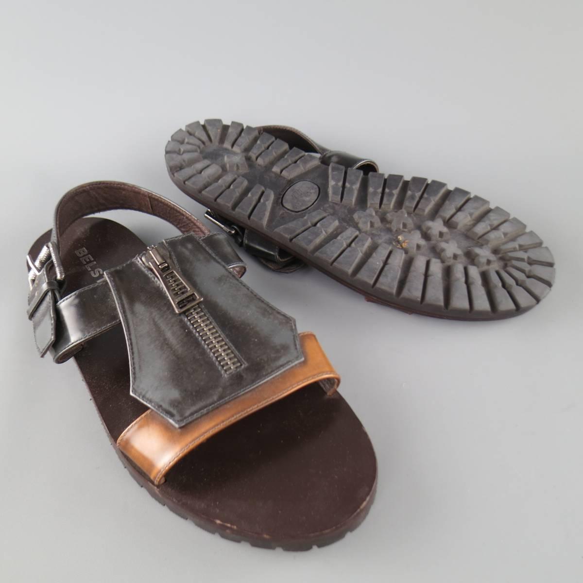 Gray Men's BELSTAFF Size 9.5 Black & Brown Two Toned Patent Leather Zip Sandals