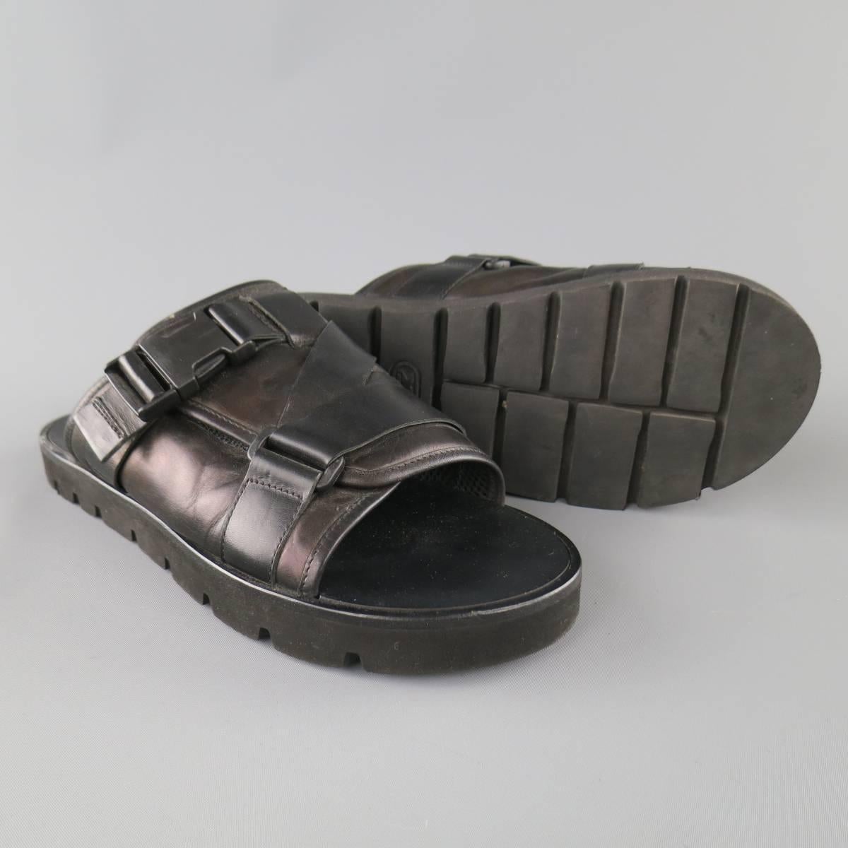 Men's MSGM Size 10 Black Leather Thick Buckle Strap Sandals 1