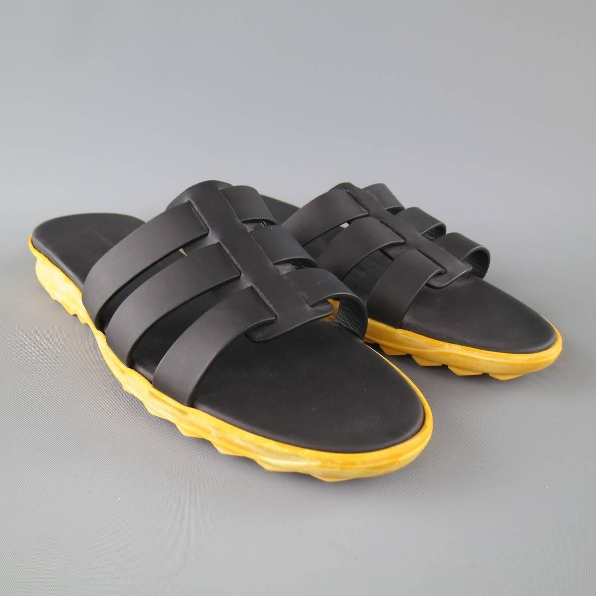 Orange Men's CHRISTOPHER KANE Size 11 Black Leather Yellow Rubber Sole Sandals