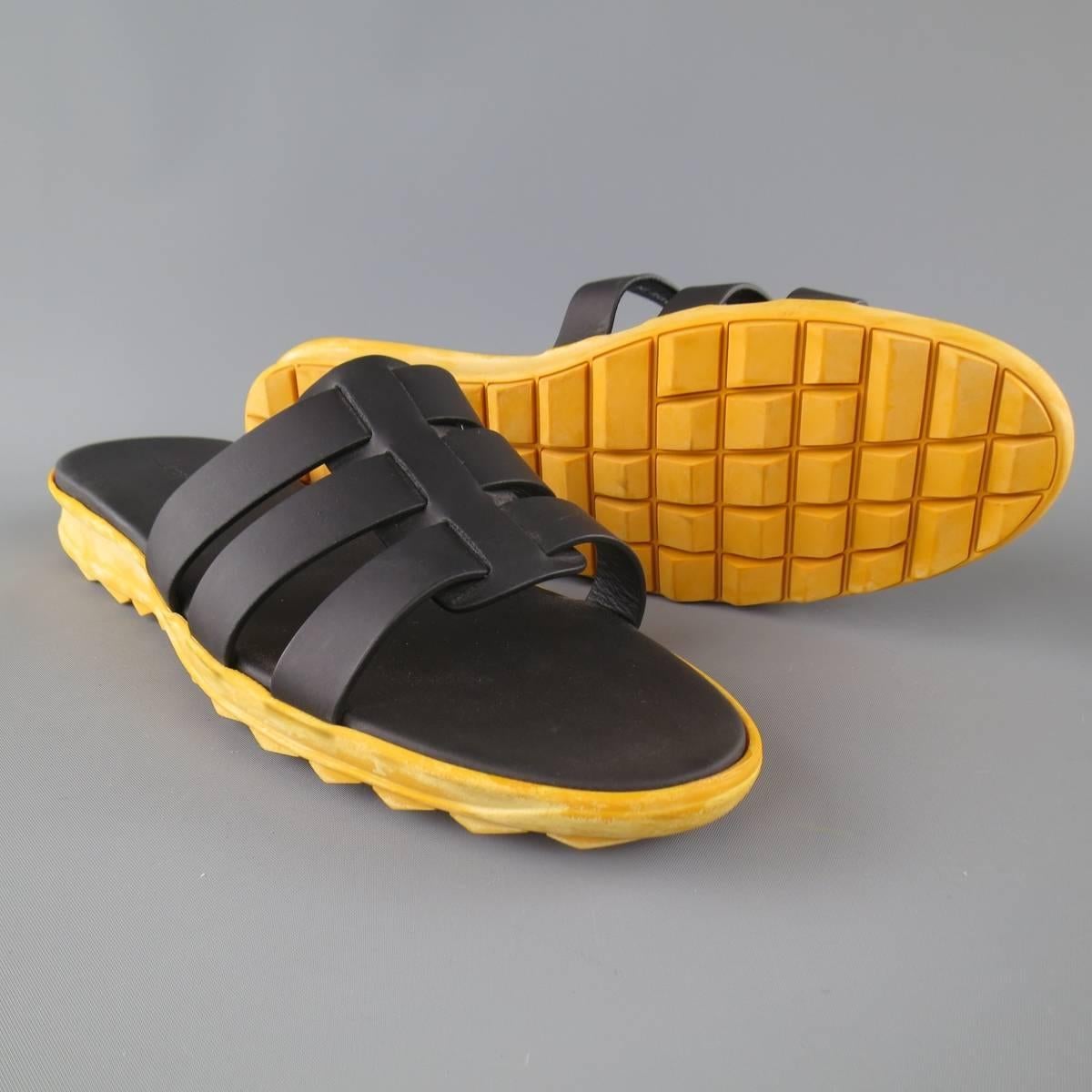 Men's CHRISTOPHER KANE Size 11 Black Leather Yellow Rubber Sole Sandals In Excellent Condition In San Francisco, CA