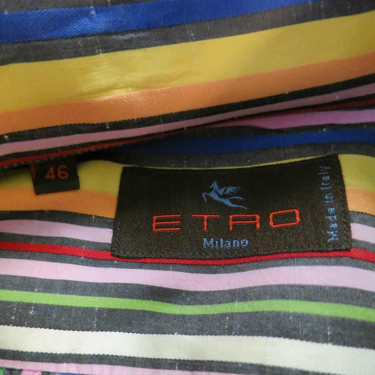 Men's ETRO Size XXL Multi-Color Rainbow Stripe Cotton Spread Collar Long Sleeve Shirt