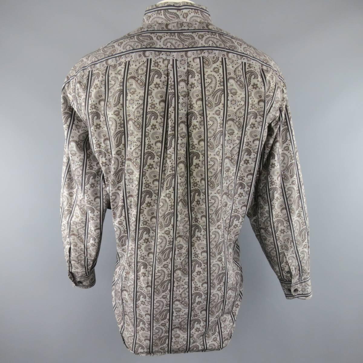 Gray Men's ETRO Size XXL Grey Striped Paisley Cotton Long Sleeve Shirt