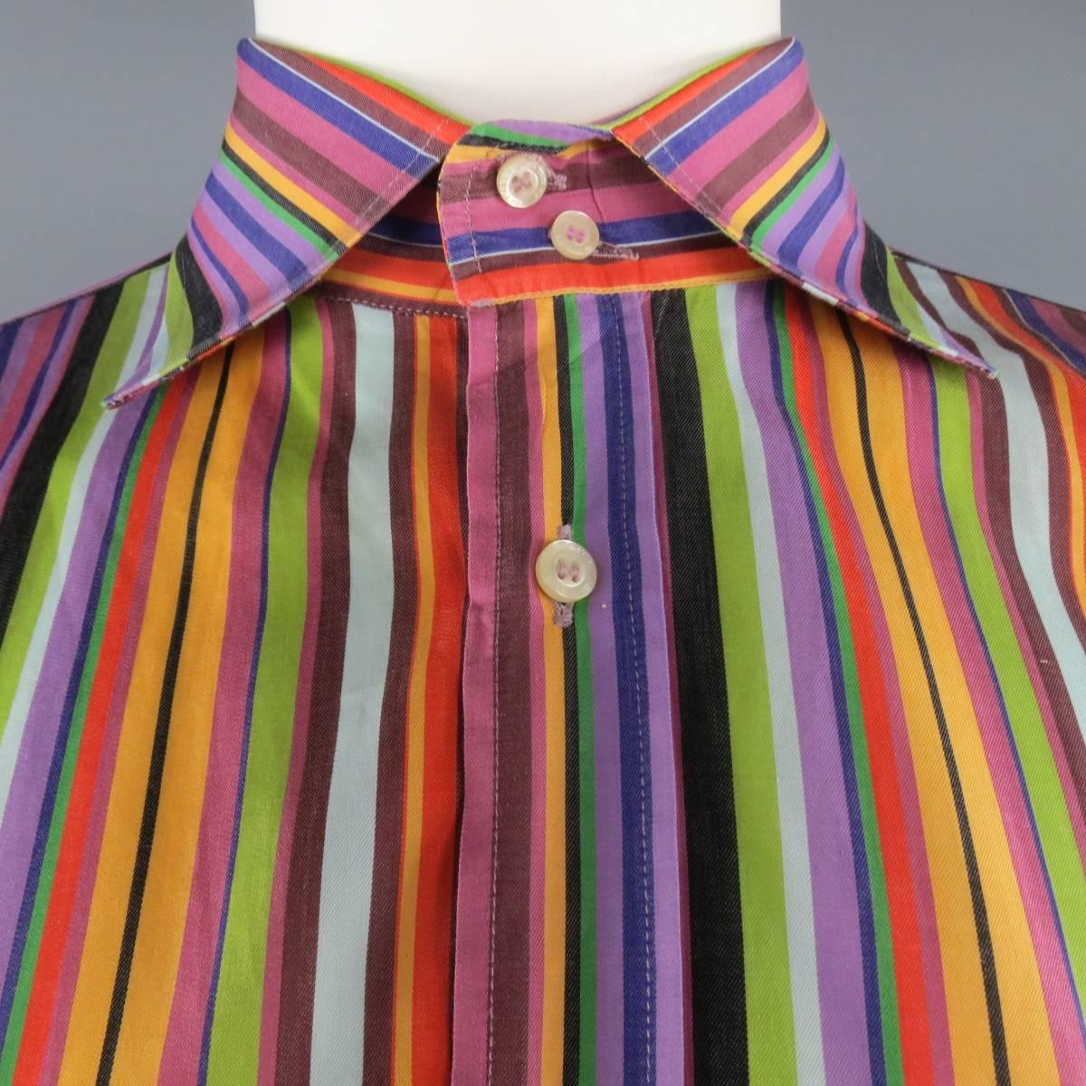 ETRO dress shirt in a multi color modern rainbow striped cotton with a pointed spread collar. Small spot on back. As-Is. Made in Italy.
 
Good Pre-Owned Condition.
Marked: IT 46
 
Measurements:
 
Shoulder: 20 in.
Chest: 56 in.
Sleeve: 25.5