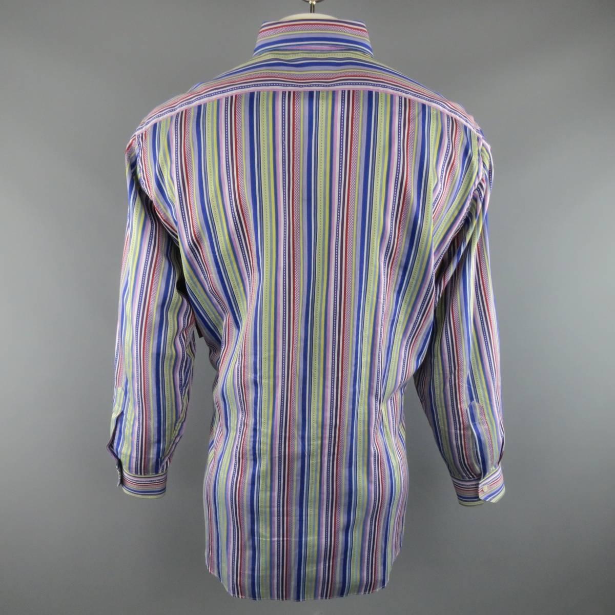 Gray ETRO XXL Multi-Color Blue & Purple Stripe Spread Collar Cotton Long Sleeve Shirt