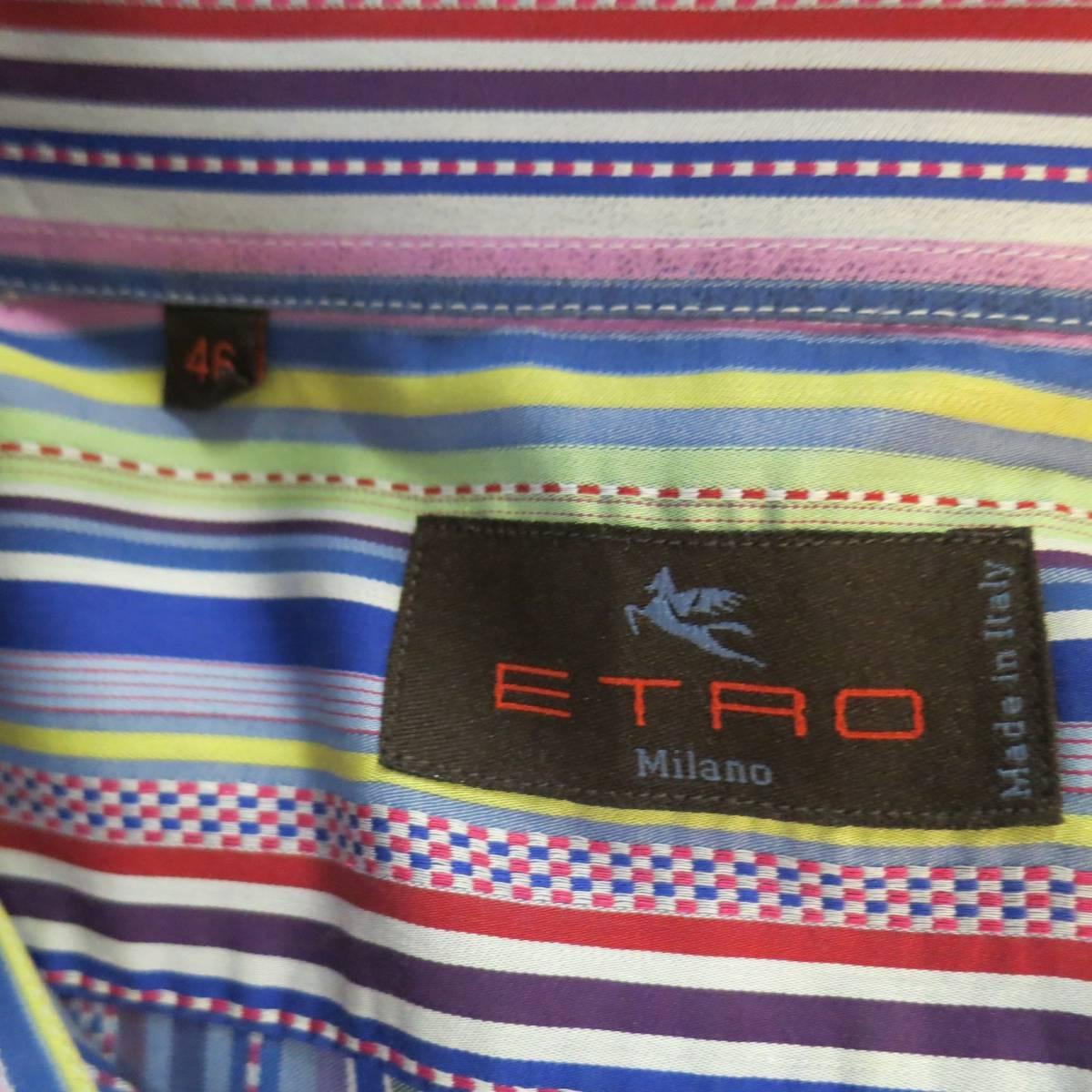 Men's ETRO XXL Multi-Color Blue & Purple Stripe Spread Collar Cotton Long Sleeve Shirt