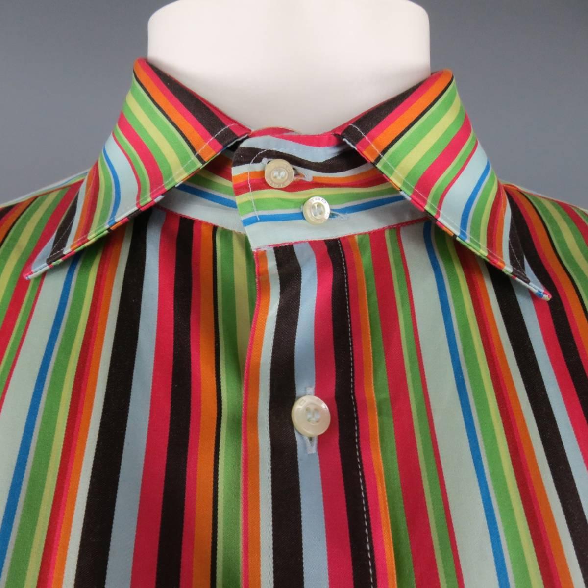 ETRO dress shirt in a multi color rainbow striped cotton with a pointed spread collar. Made in Italy.
 
Good Pre-Owned Condition.
Marked: IT 46
 
Measurements:
 
Shoulder: 20 in.
Chest: 56 in.
Sleeve: 25.5 in.
Length: 35 in.


Web ID: 82996 
