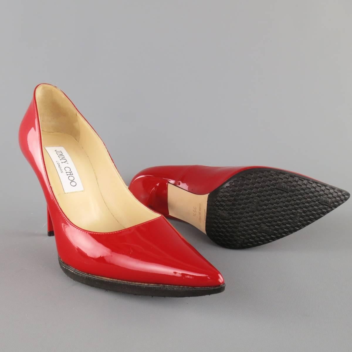 JIMMY CHOO Size 5.5 Red Patent Leather Lacquared Heel Pointed Pumps In Excellent Condition In San Francisco, CA