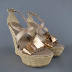BURBERRY PRORSUM Size 9 Beige Silk Metallic Bow Espadrille Wedge Platforms