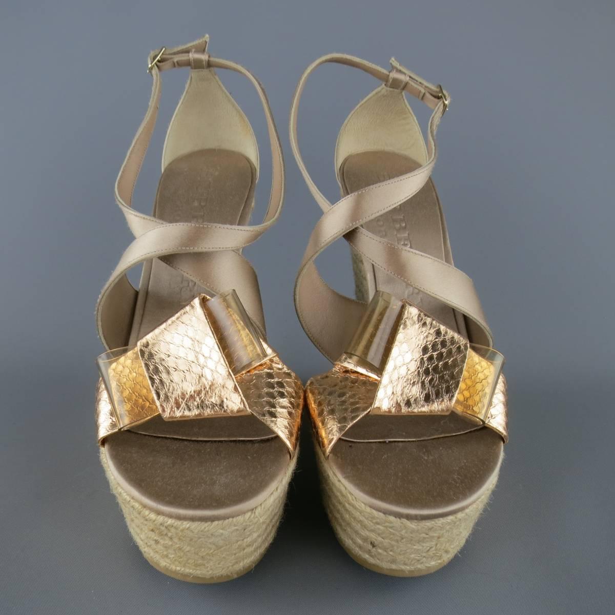 Women's BURBERRY PRORSUM Size 9 Beige Silk Metallic Bow Espadrille Wedge Platforms