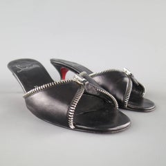 CHRISTIAN LOUBOUTIN Size 7.5 Black Leather Zipper Trim Kitten Heel Mules