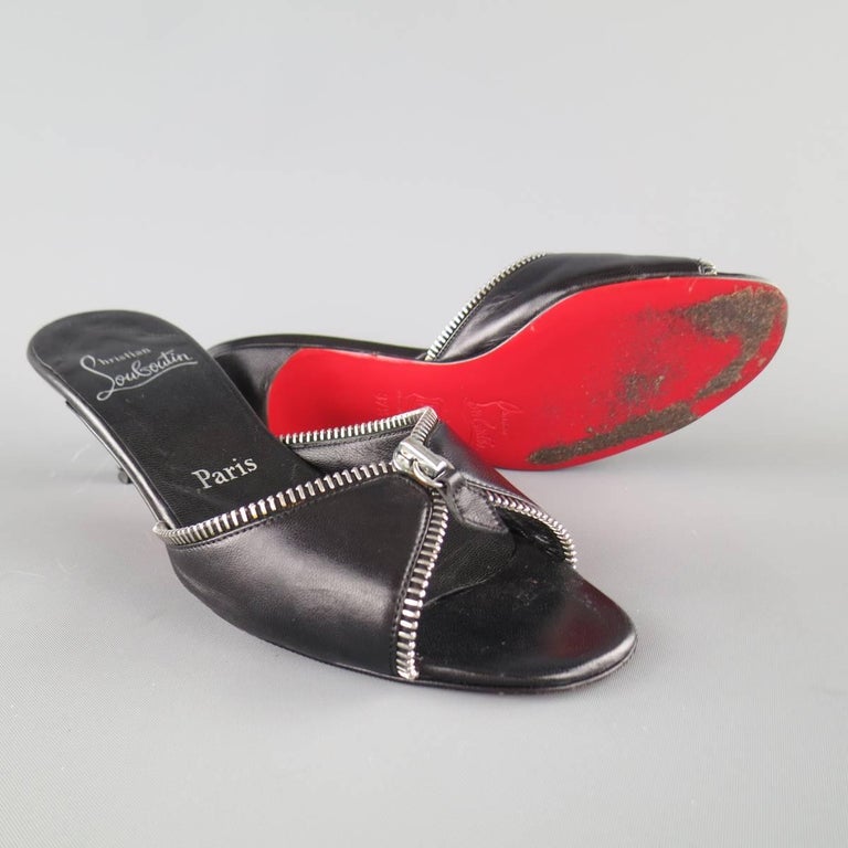 CHRISTIAN LOUBOUTIN Size 7.5 Black Leather Zipper Trim Kitten Heel