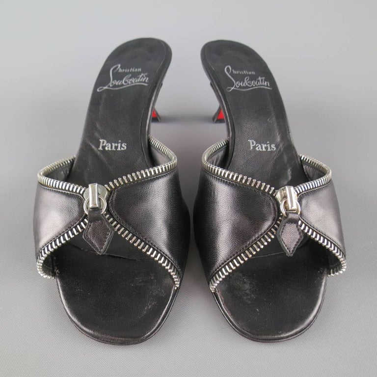 CHRISTIAN LOUBOUTIN Size 7.5 Black Leather Zipper Trim Kitten Heel