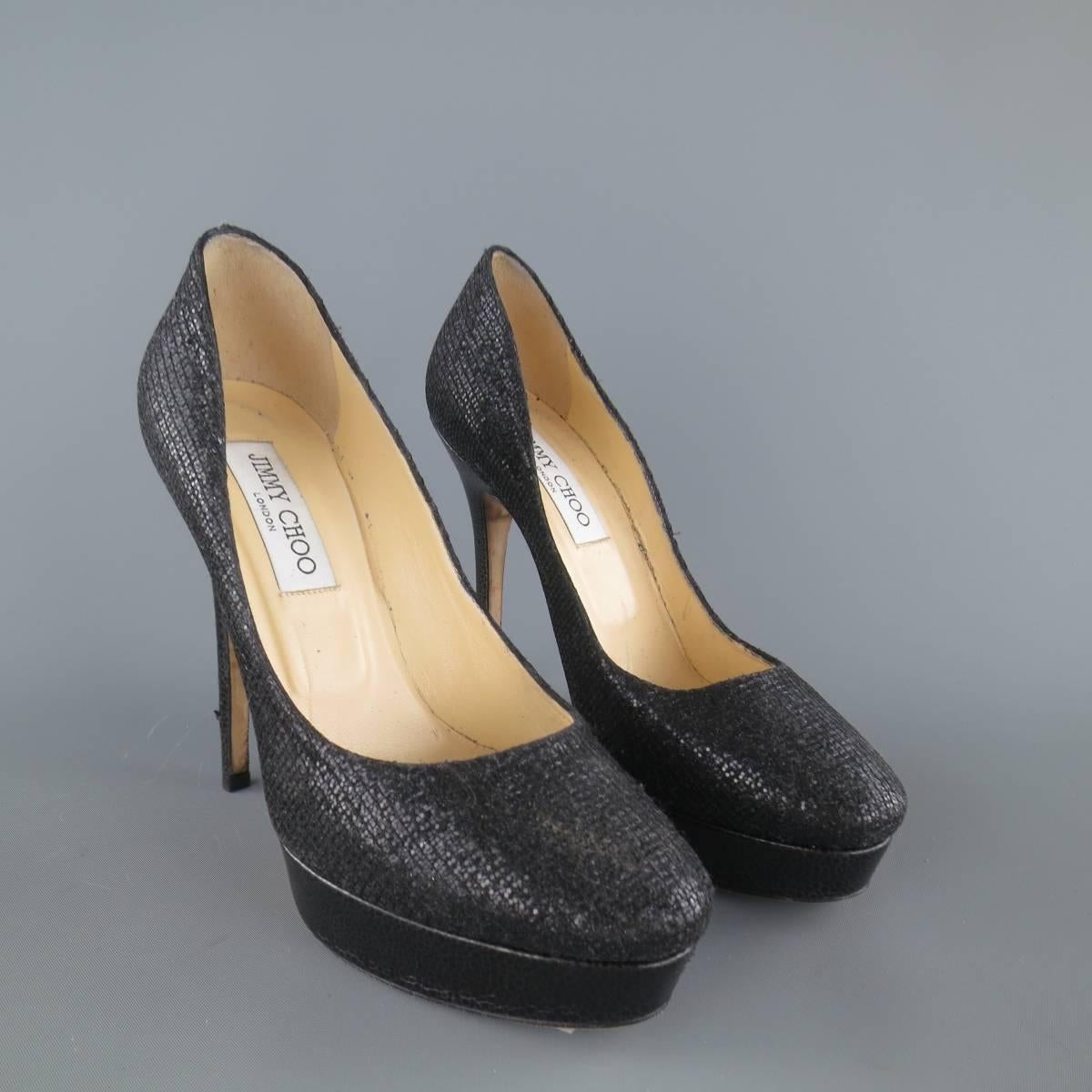 JIMMY CHOO Size 7.5 Black Mesh & Glitter Platform Pumps In Good Condition In San Francisco, CA