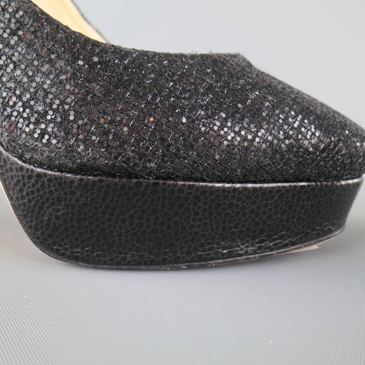 Women's JIMMY CHOO Size 7.5 Black Mesh & Glitter Platform Pumps