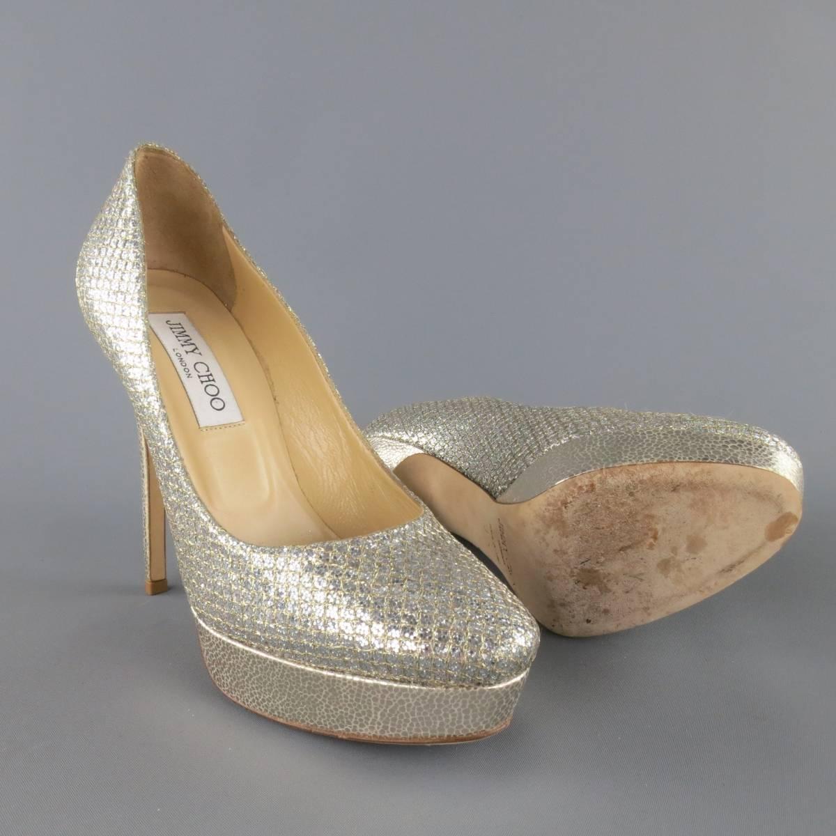 JIMMY CHOO Size 7.5 Silver Metallic Glitter Mesh Platform 'I DO' Pumps In Excellent Condition In San Francisco, CA