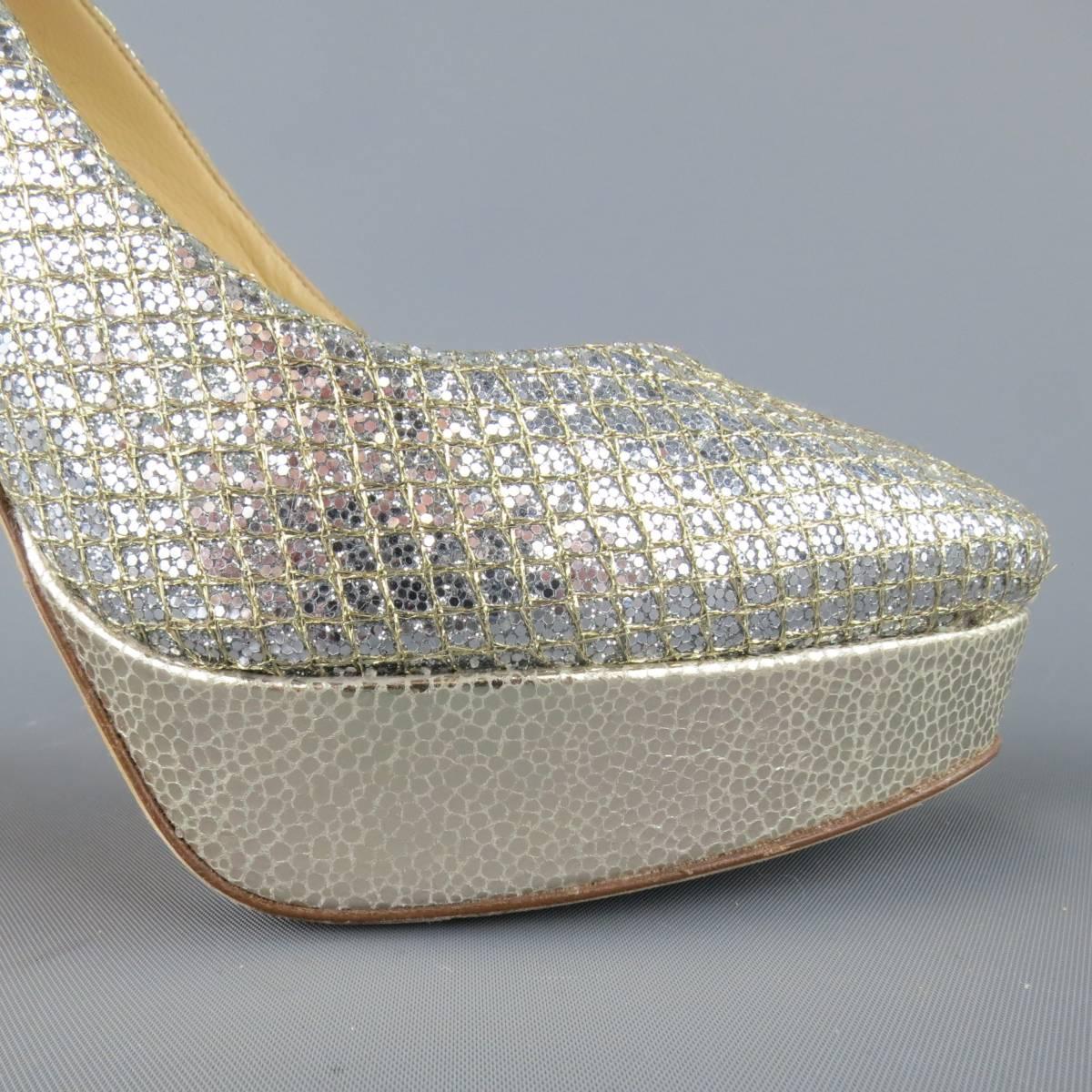 Women's JIMMY CHOO Size 7.5 Silver Metallic Glitter Mesh Platform 'I DO' Pumps