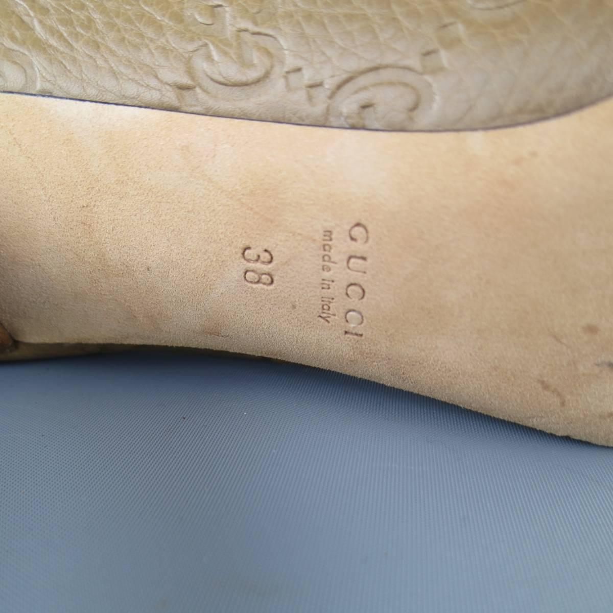 GUCCI Size 8 Tan Monogram Embossed Leather Peep Toe Horsebit Pumps 1