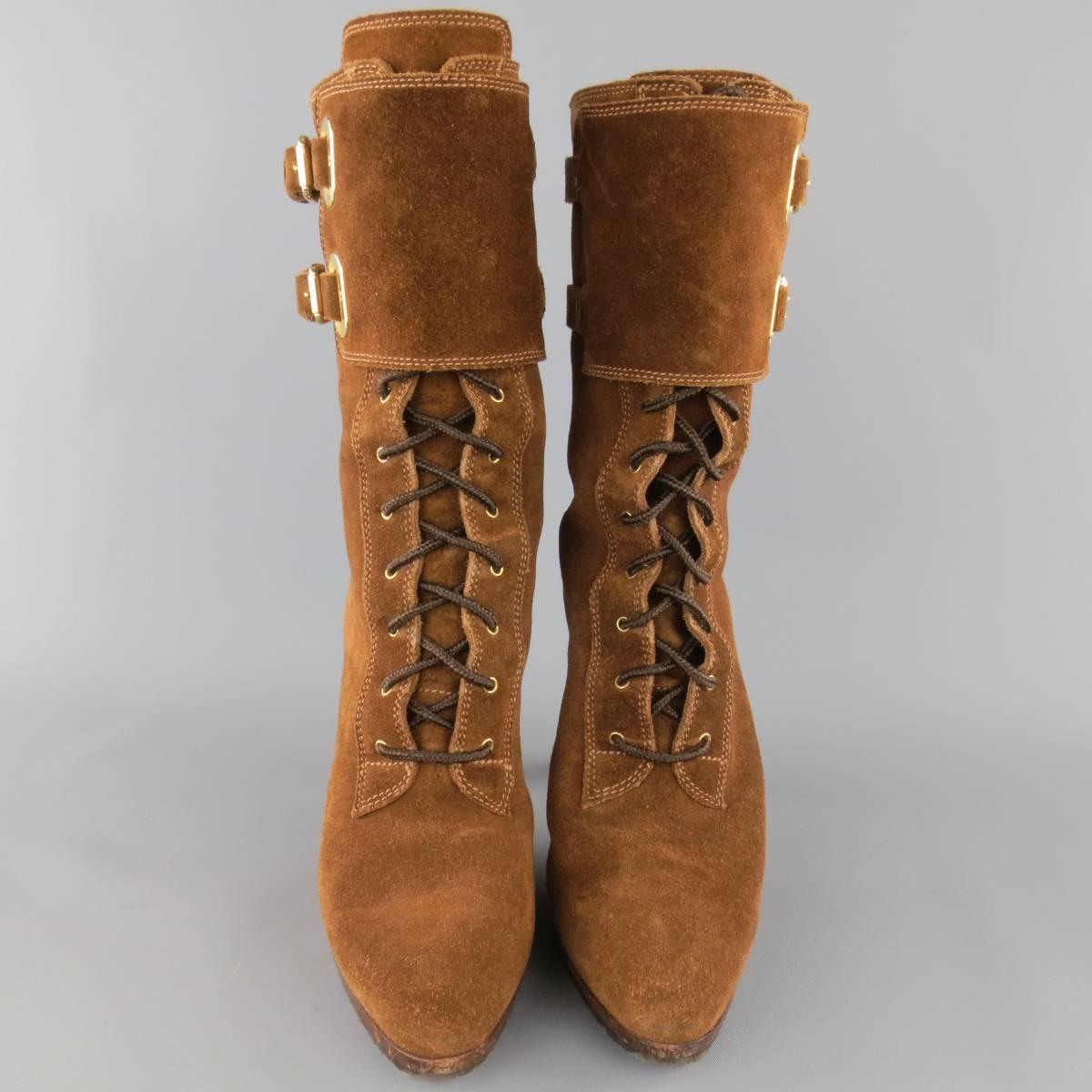 RALPH LAUREN COLLECTION Size 7.5 Brown Suede Lace Up Heeled Ankle Boots In Excellent Condition In San Francisco, CA