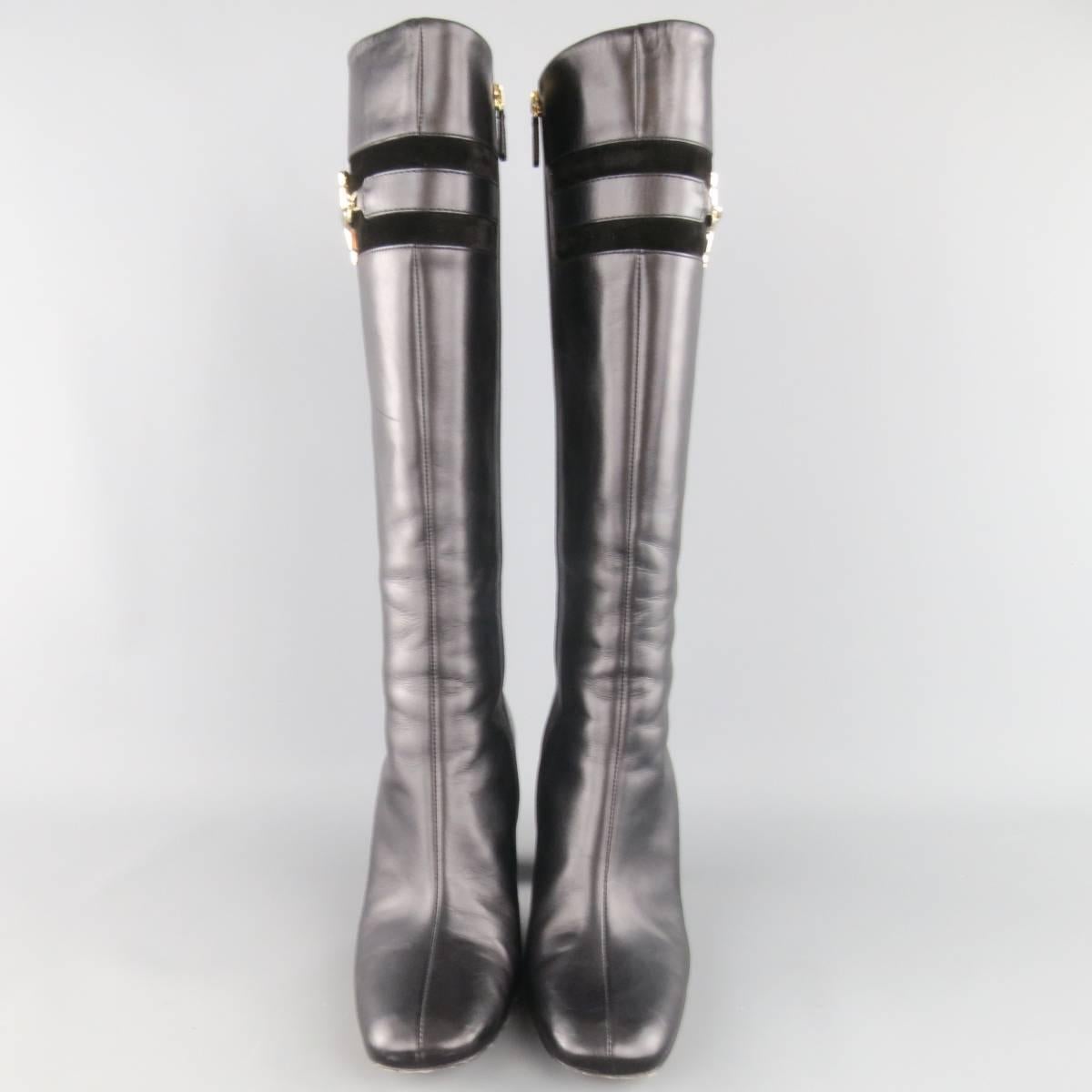 GUCCI Size 8 Black Leather Knee High Gold Horsebit Boots In Excellent Condition In San Francisco, CA