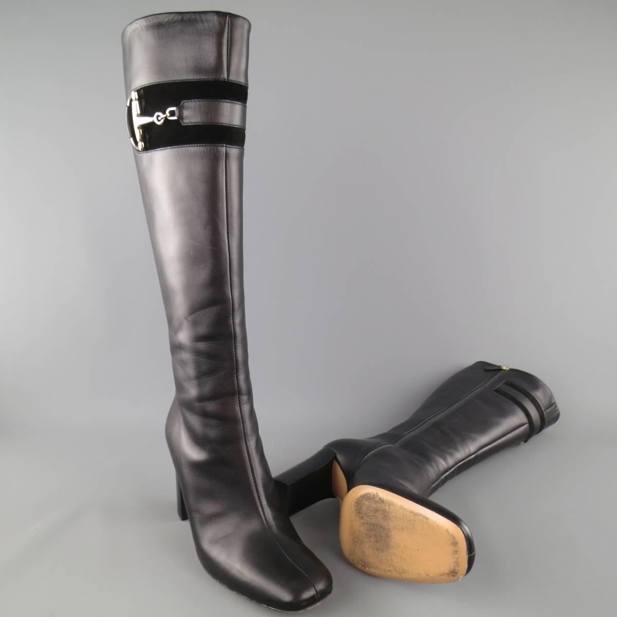 Women's GUCCI Size 8 Black Leather Knee High Gold Horsebit Boots