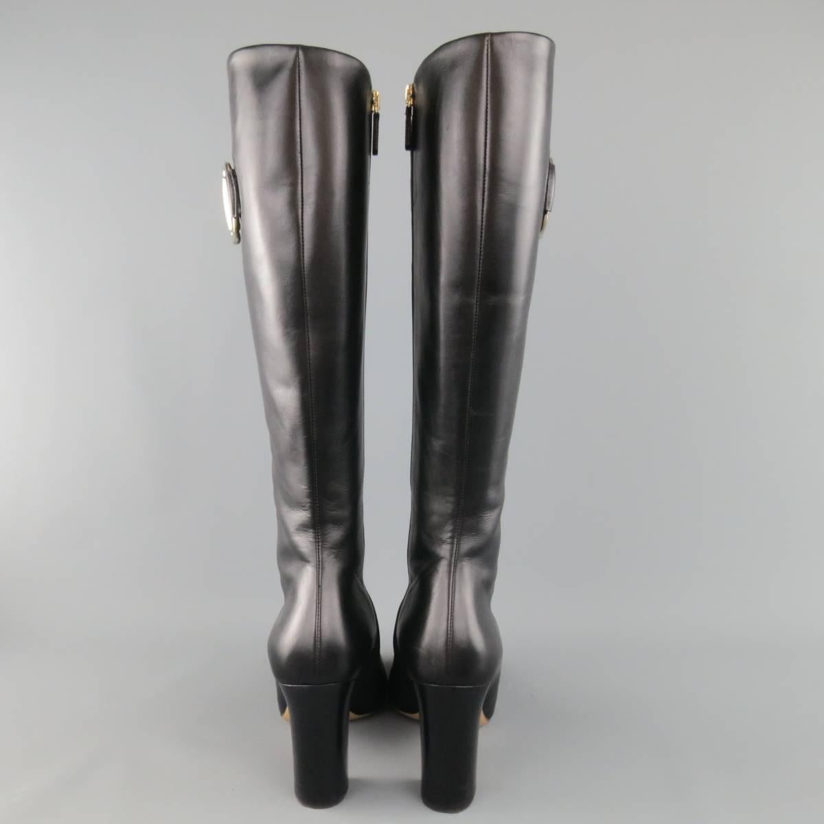 GUCCI Size 8 Black Leather Knee High Gold Horsebit Boots 1