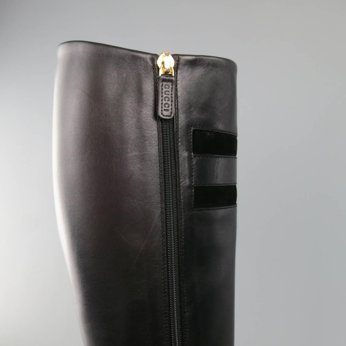 GUCCI Size 8 Black Leather Knee High Gold Horsebit Boots 2