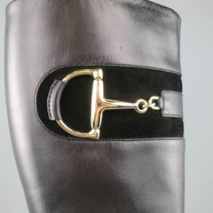 GUCCI Size 8 Black Leather Knee High Gold Horsebit Boots