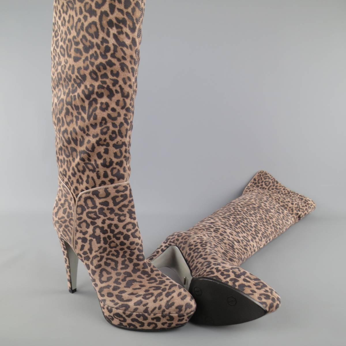 Women's SERGIO ROSSI Size 6 Taupe Leopard Print Suede Over The Knee Platform Boots