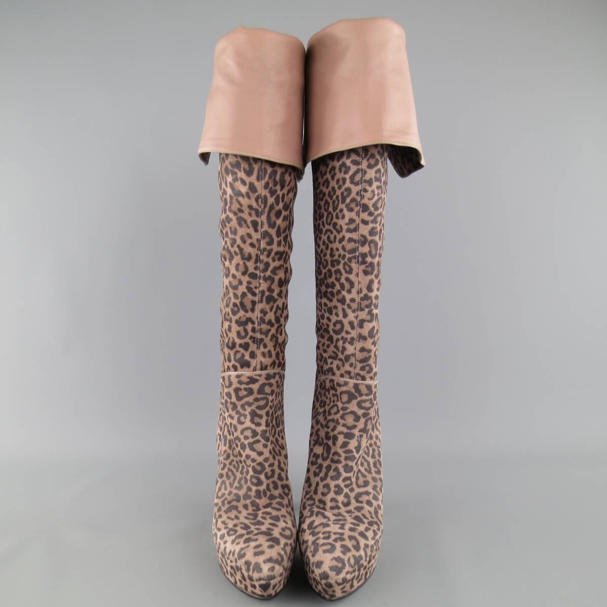 SERGIO ROSSI over-the-knee boots come in a taupe cheetah leopard print suede and feature a pointed toe with covered platform, taupe leather lining, and covered stiletto heel. Made in Italy.
 
Excellent Pre-Owned Condition.
Marked: IT 36
