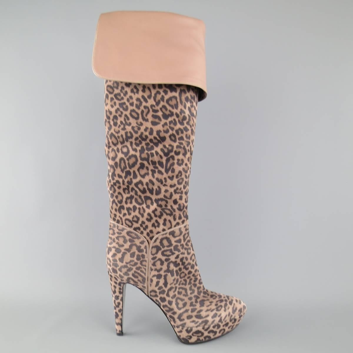 Brown SERGIO ROSSI Size 6 Taupe Leopard Print Suede Over The Knee Platform Boots