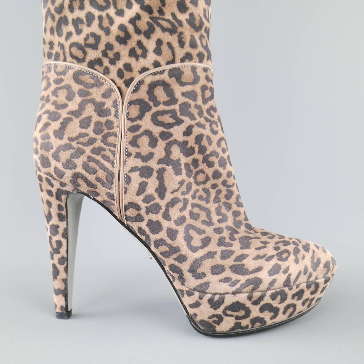 SERGIO ROSSI Size 6 Taupe Leopard Print Suede Over The Knee Platform Boots 1