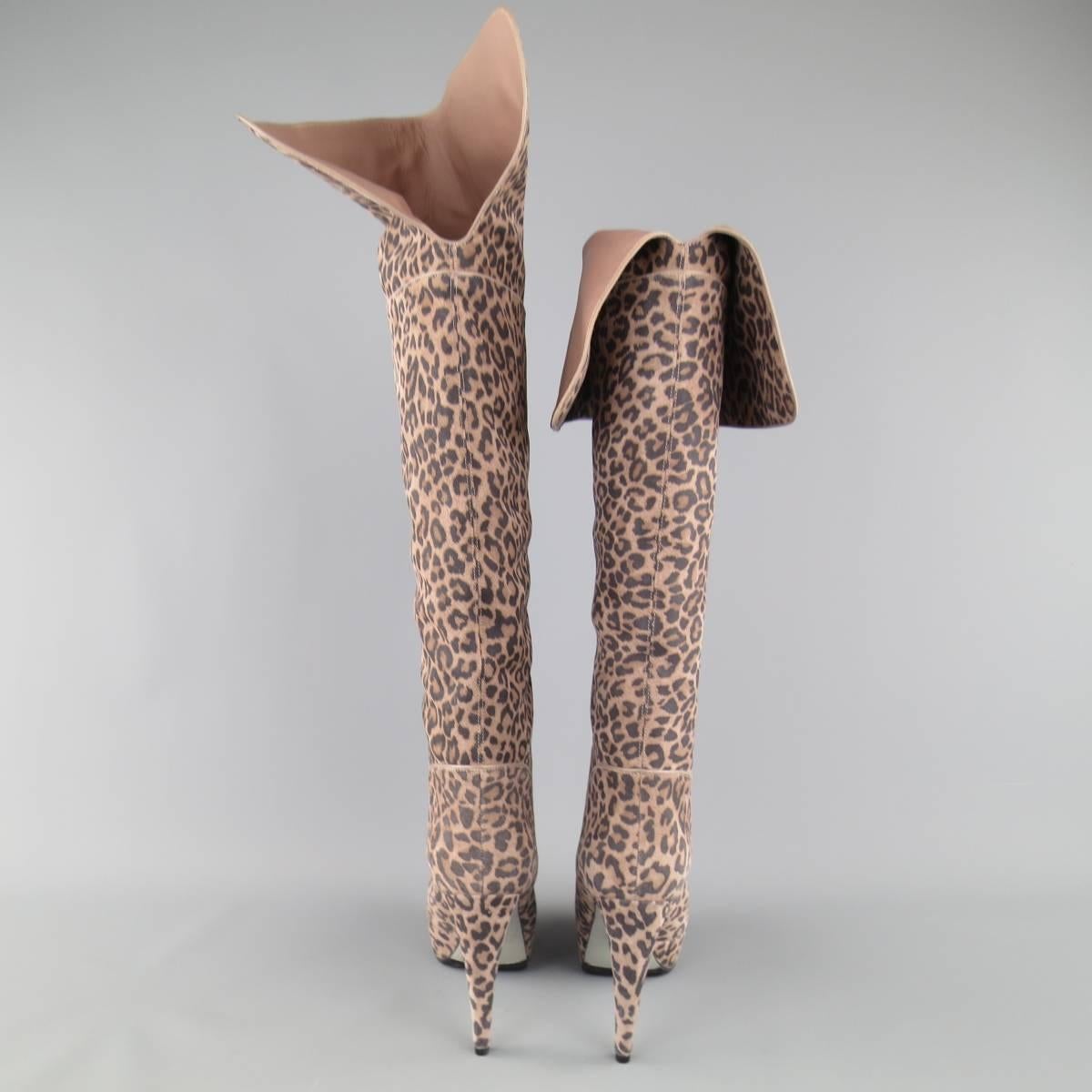 SERGIO ROSSI Size 6 Taupe Leopard Print Suede Over The Knee Platform Boots 2