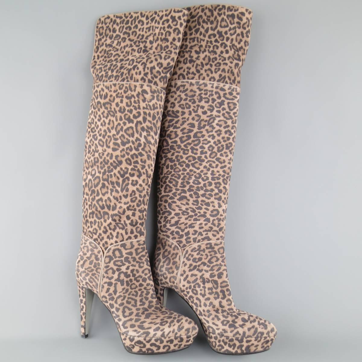 SERGIO ROSSI Size 6 Taupe Leopard Print Suede Over The Knee Platform Boots In Excellent Condition In San Francisco, CA