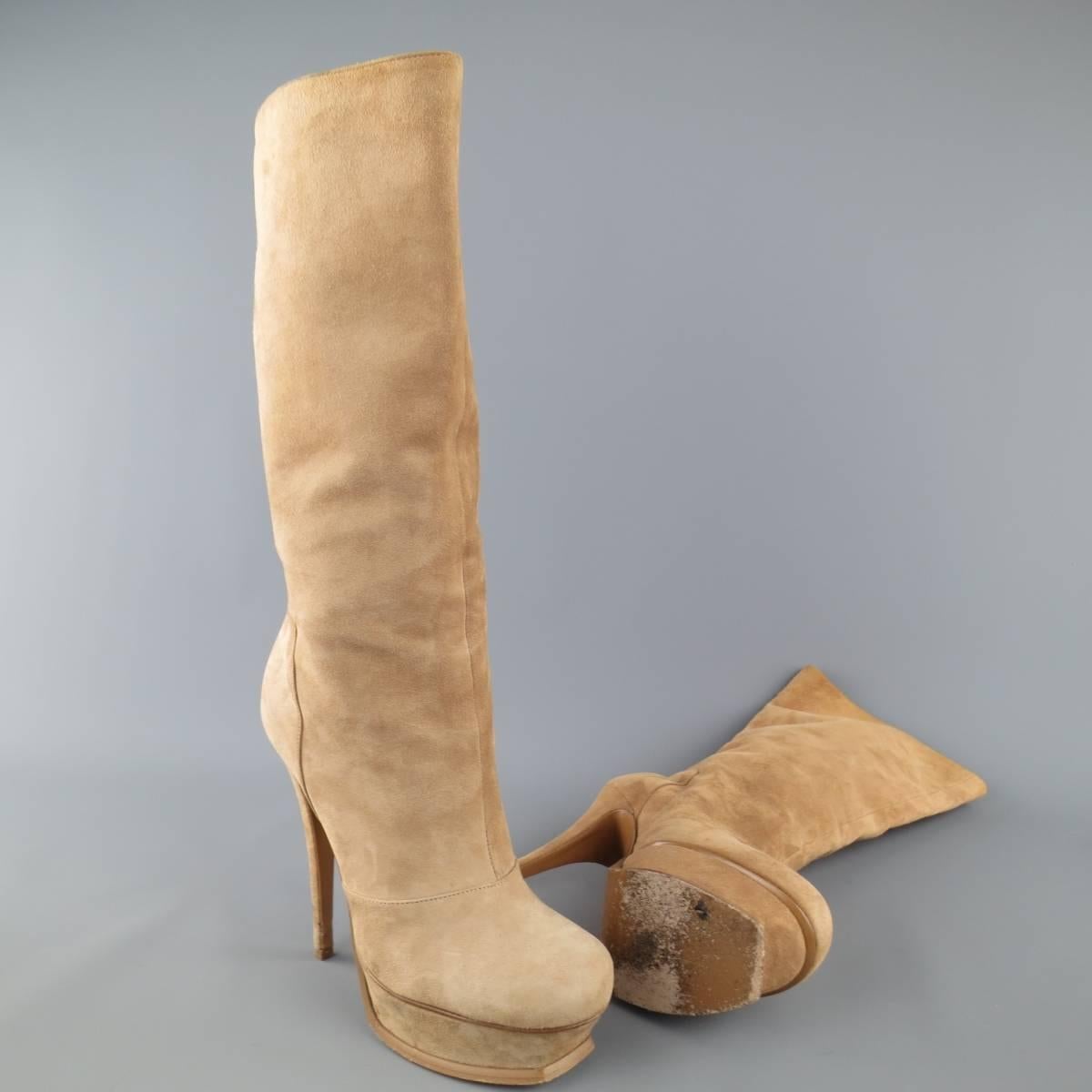 Beige YVES SAINT LAURENT Size 7.5 Camel Suede TRIBUTE Platform Calf Boots