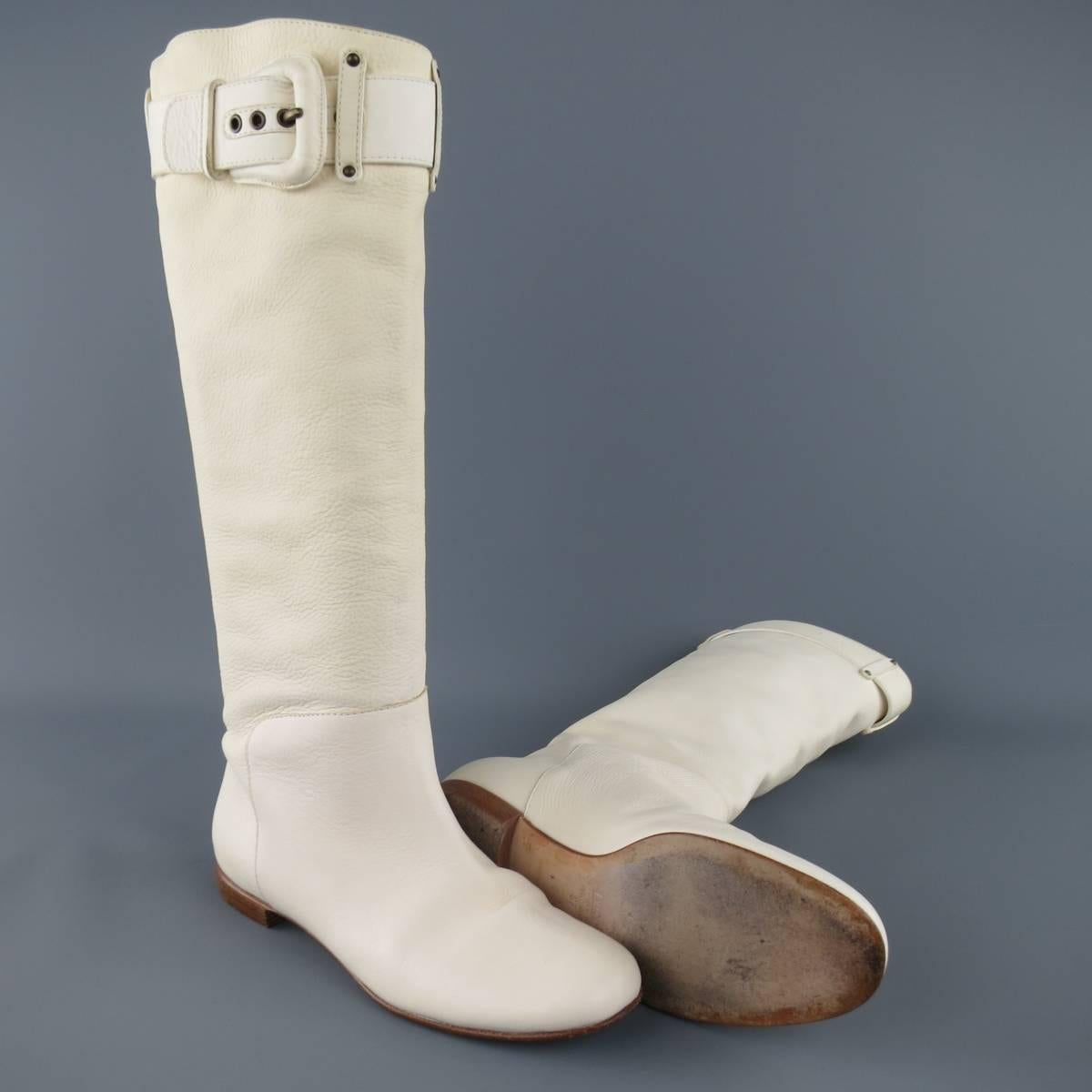 Vintage GIUSEPPE ZANOTTI Size 7 Cream Leather Knee High Buckle Boots In Good Condition In San Francisco, CA