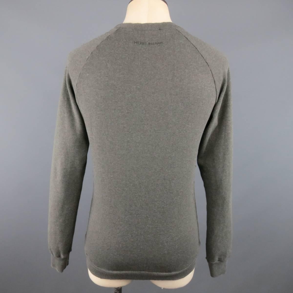Men's PIERRE BALMAIN Size XXS Olive Grey Distressed Cotton Blend Pullover Sweatshirt
