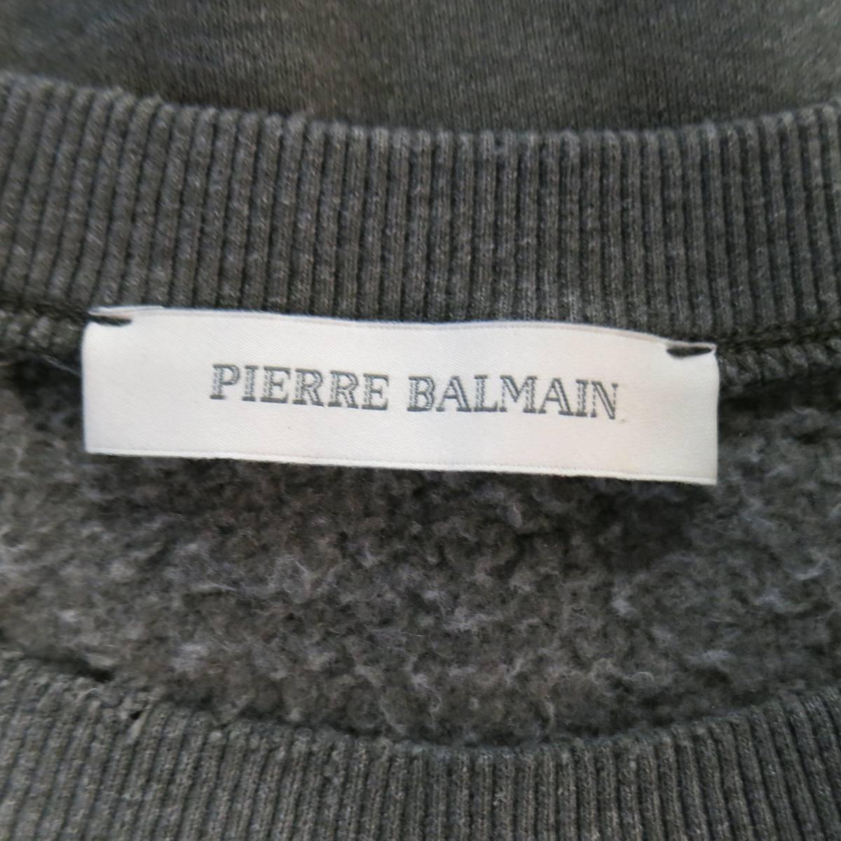 PIERRE BALMAIN Size XXS Olive Grey Distressed Cotton Blend Pullover Sweatshirt 1